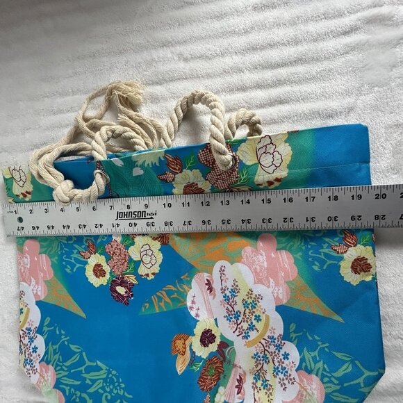 Citron Santa Monica Collection Rope Handle Tote Bag Floral Print Blue Pink 14x19 - Picture 4 of 5